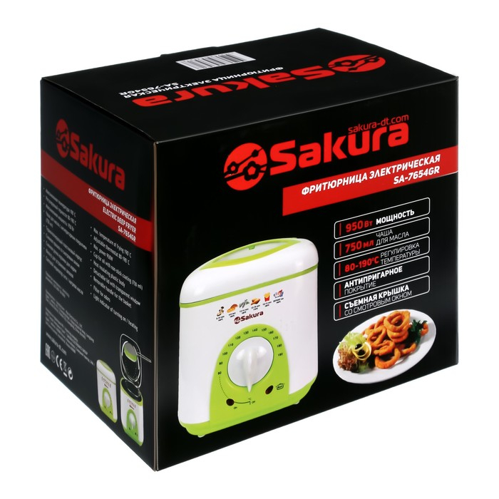 Фритюрница Sakura SA-7654GR, 950 Вт, 750 мл, антипригарное покрытие, фильтр, бело-салатовая Фритюрница Sakura SA-7654GR, 950 Вт, 750 мл, антипригарное покрытие, фильтр, бело-салатовая