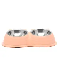 Миска двойная &laquo;Кисы&raquo;, 28&times;16.3&times;7.3 см, на пластиковом основании, металл, розовая