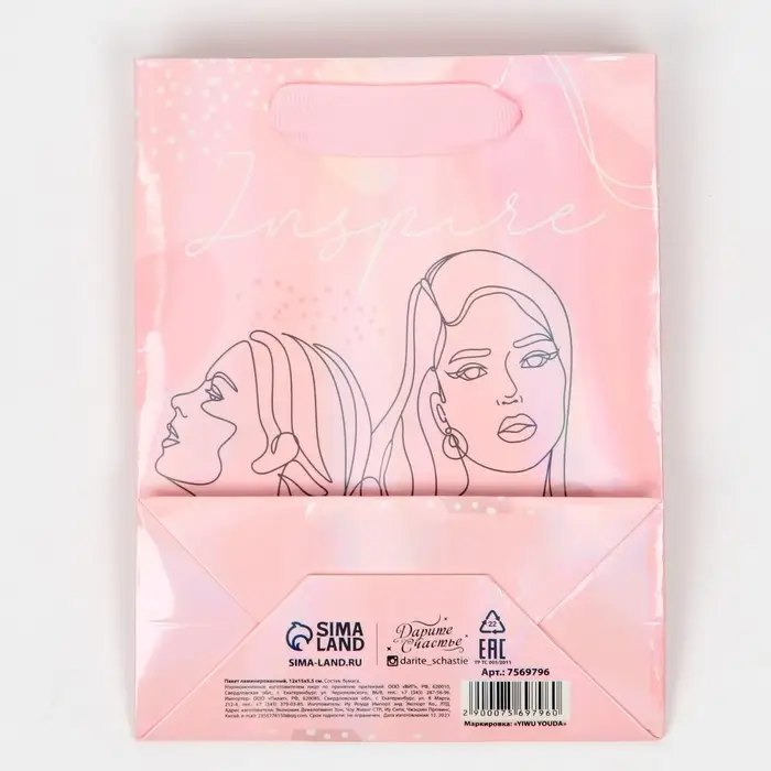 Пакет подарочный ламинированный, упаковка, «Вдохновение», радужная голография, S 12 х 15 х 5.5 см