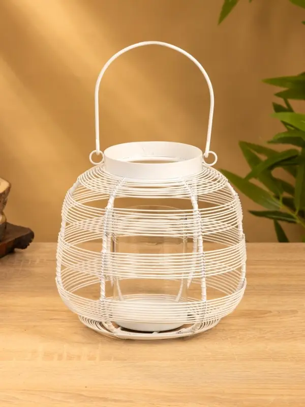 Подсвечник фонарь со стеклянной колбой, 19×19×18 см, d=9 см, металл, белый