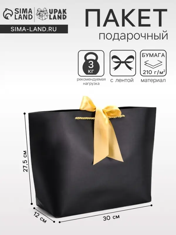 Пакет подарочный ламинированный, с лентой &laquo;Чёрный&raquo;, горизонтальный, 30&times;27.5&times;12 см