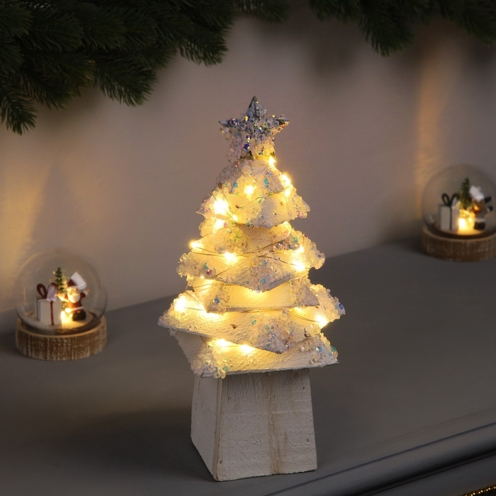 Фигура деревянная  Фигура деревянная "Ёлочка белая", 27х14х14 см, 35 LED, батарейки AAx2 (не в комплекте), свечение теплое белое