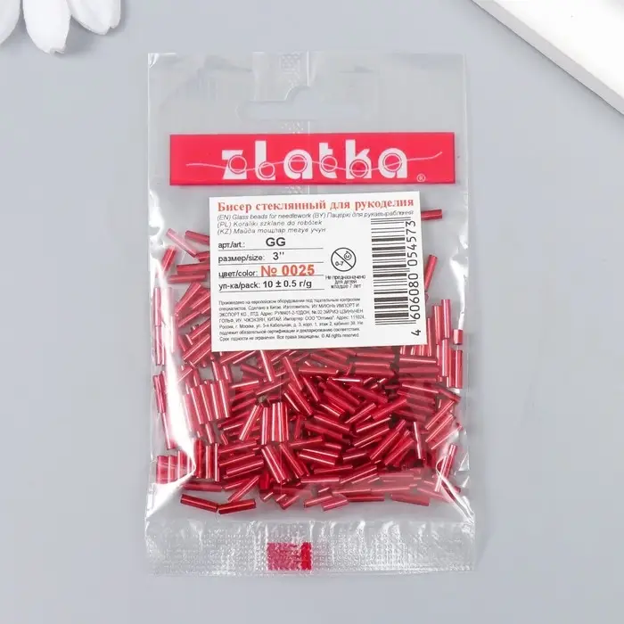 Бисер  Бисер "Zlatka" стеклярус 10 г, размер 3", 6 мм, №0025 красный МИКС 93"78547