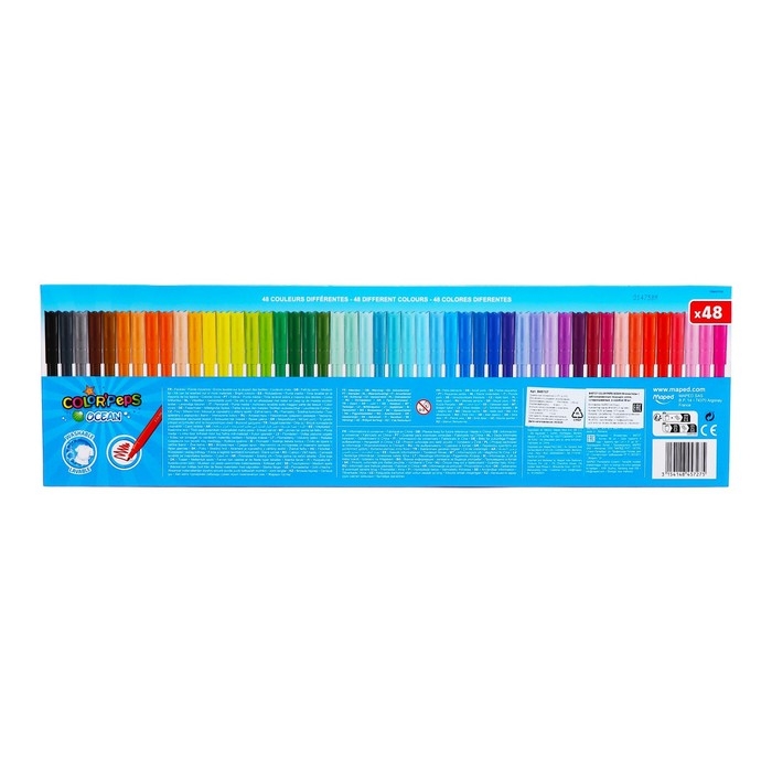 Фломастеры 48 цветов Maped COLOR'PEPS OCEAN, с заблокированным пишущим узлом, суперсмываемые, в картонной коробке Фломастеры 48 цветов Maped COLOR'PEPS OCEAN, с заблокированным пишущим узлом, суперсмываемые, в картонной коробке