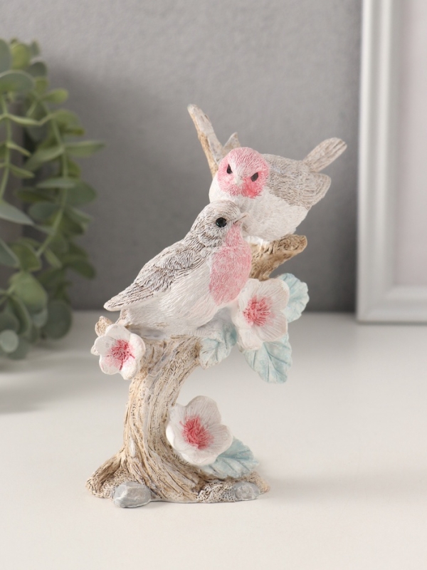 Сувенир полистоун "Воробышки на цветочном дереве" розово-голубой 11,5х5,5х13,5 см