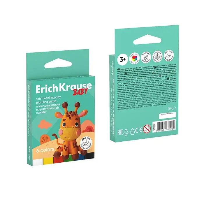 Пластилин мягкий 6 цветов, 90 г, ErichKrause Baby, на растительной основе, с Алоэ Вера, европодвес