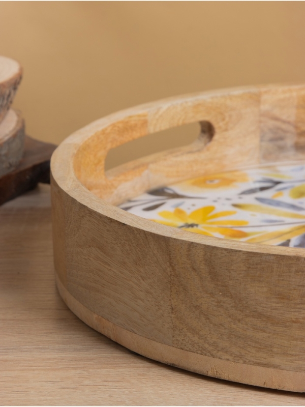 Поднос круглый с бортиками «Желтые и синие цветы», 35×35×6.5 см, дерево манго Поднос круглый с бортиками «Желтые и синие цветы», 35×35×6.5 см, дерево манго