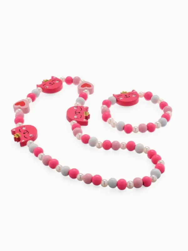 Набор детских украшений &laquo;Выбражулька. Кошечка в короне&raquo;, 2 предмета: бусы, браслет, красный, розовый
