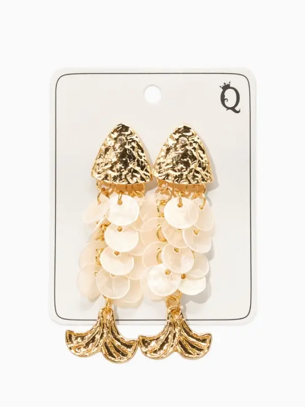 Серьги "Морской мир" чешуя рыбки, цвет белый в золоте