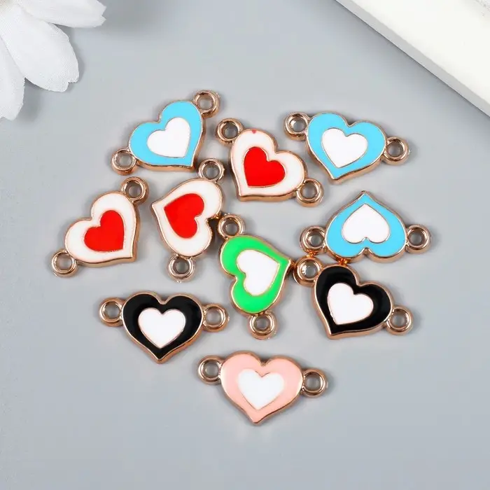 Фурнитура для бижутерии и украшений, коннектор 2 ушка «Двойное сердце», пластик под металл, набор 10 шт., 1.4×2.4 см, МИКС