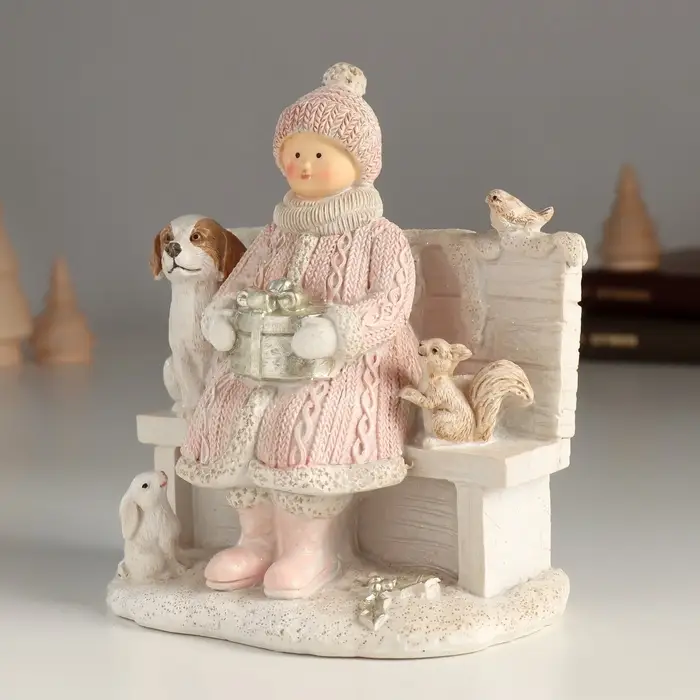 Фигурка полистоун &laquo;Девушка с подарочком и пёсиком на скамье&raquo;, 13&times;8&times;14 см