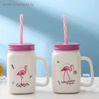 Кружка керамическая с металлической крышкой и трубочкой «Фламинго», 450 мл, цвет МИКС
