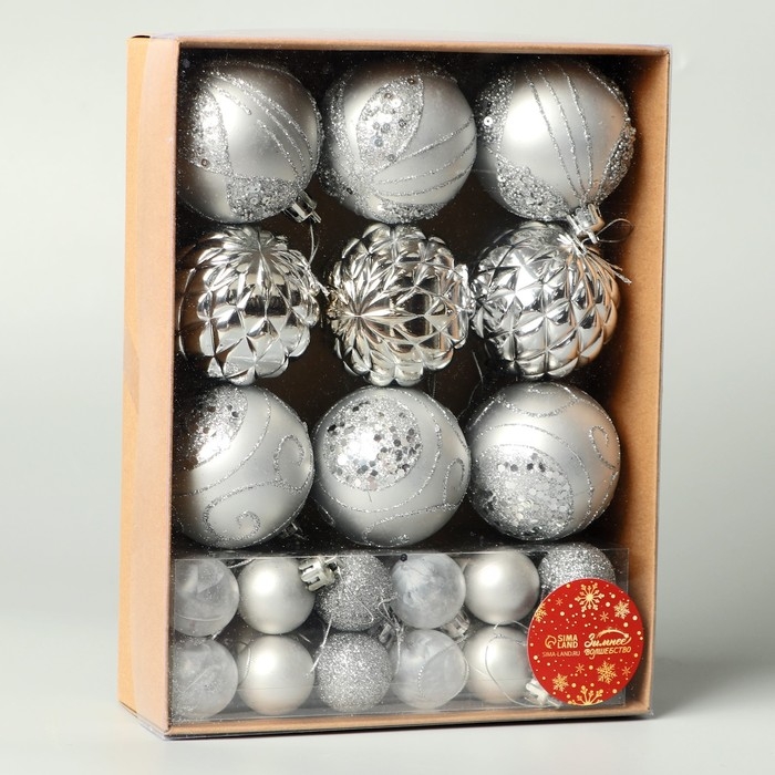 Набор шаров пластик d-2,5 и 5,5 см, 33 шт Набор шаров пластик d-2,5 и 5,5 см, 33 шт "Хоровод" серебро