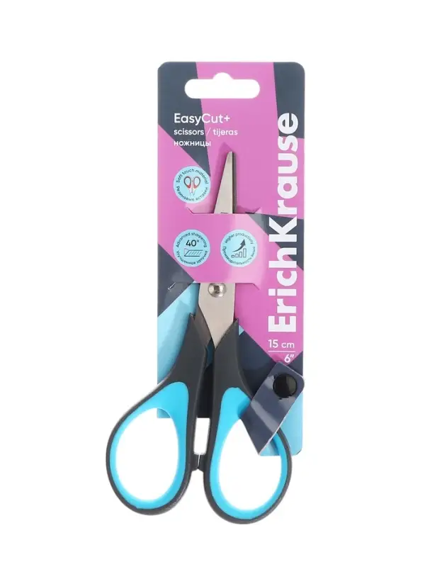 Ножницы ErichKrause Standard+, 15 см, антискользящие резиновые вставки, улучшенная заточка, блистер, МИКС