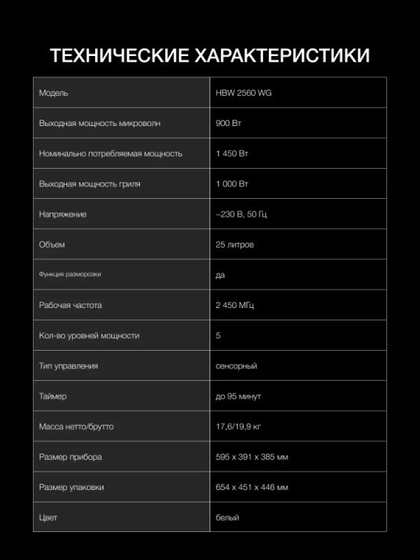 Встраиваемая микроволновая печь HBW 2560WG 25л