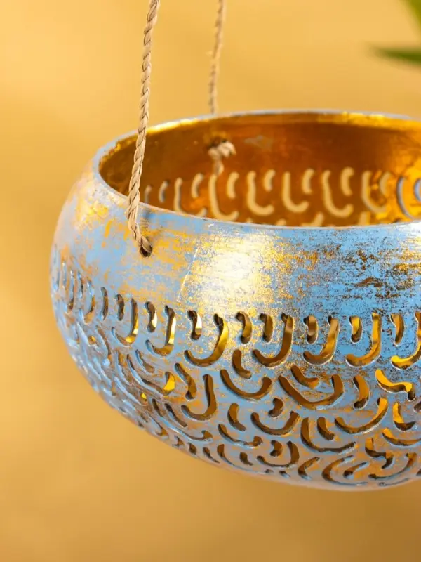 Подсвечник подвесной из кокоса, 14×14×10 см, сине-золотой