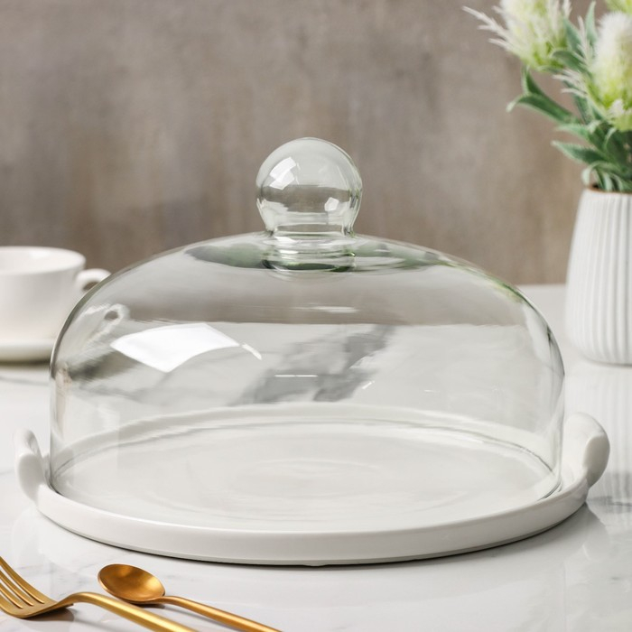 Блюдо керамическое с крышкой-клош для десертов Valencia, 31×28×19 см, цвет белый