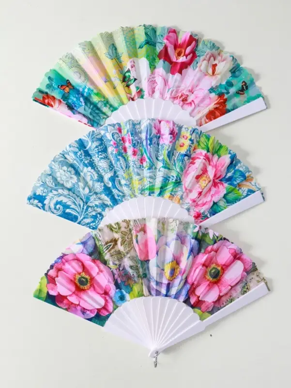 Веер пластик, текстиль Веер пластик, текстиль "Цветы и узоры" МИКС широкие лопасти, золото 23 см