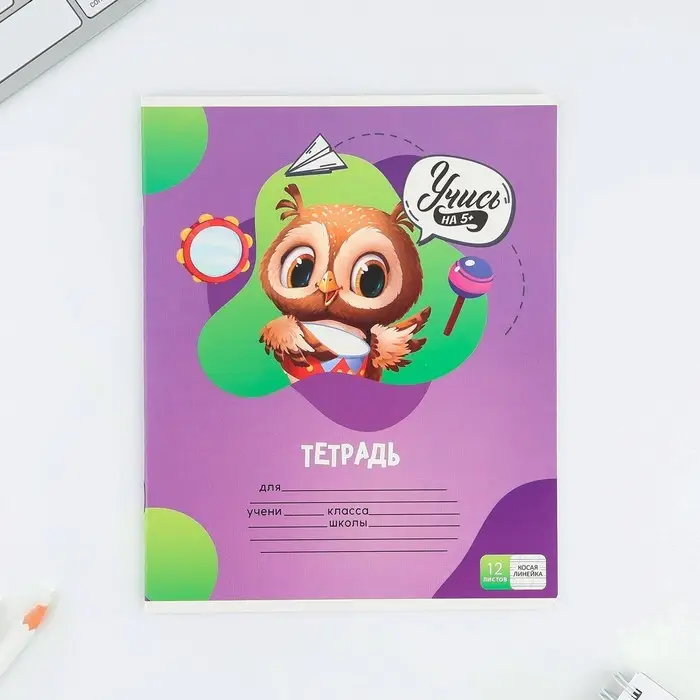 Тетрадь 12 листов в косую линейку, А5, на скрепке, блок №1 &laquo;Учись на 5+&raquo; МИКС