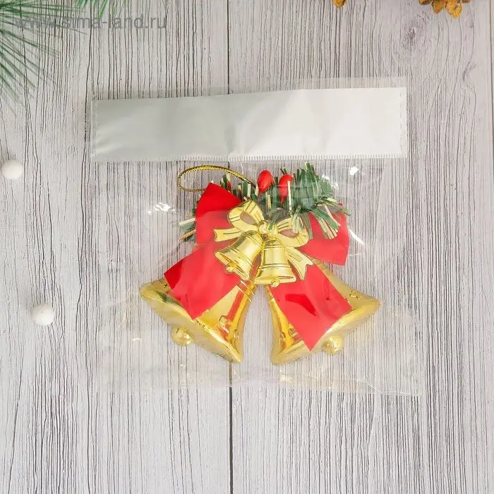 Ёлочная игрушка «Зимнее волшебство. Колокольчики с бантом» пластик, 8×6 см, красно- золотой Ёлочная игрушка «Зимнее волшебство. Колокольчики с бантом» пластик, 8×6 см, красно- золотой