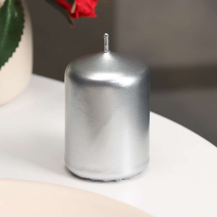 Свеча - цилиндр, 4х6 см, 9 ч, серебро Свеча - цилиндр, 4х6 см, 9 ч, серебро