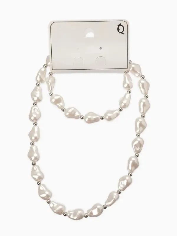 Набор 2 пред-та: бусы,браслет "Жемчуг барочный", капля, 40/18см, цвет белый в серебре