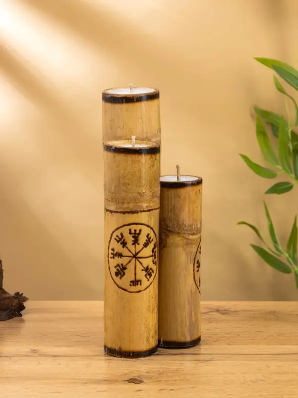 Свеча в бамбуке тройная «Руны», 13×14×30 см, 100 мл, бежевая