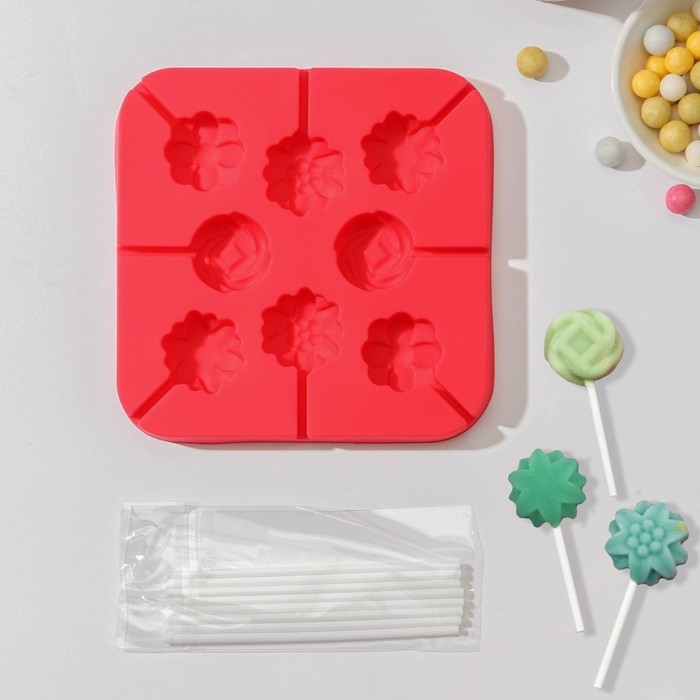 Форма для леденцов Доляна «Летний полдень», силикон, 12,5×12,5×1,5 см, 8 ячеек (2,7×2,7 см), с палочками, цвет МИКС Форма для леденцов Доляна «Летний полдень», силикон, 12,5×12,5×1,5 см, 8 ячеек (2,7×2,7 см), с палочками, цвет МИКС