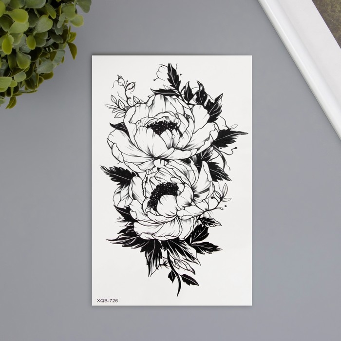 Татуировка на тело чёрная Татуировка на тело чёрная "Пионы чёрно-белые" 11,4х21 см