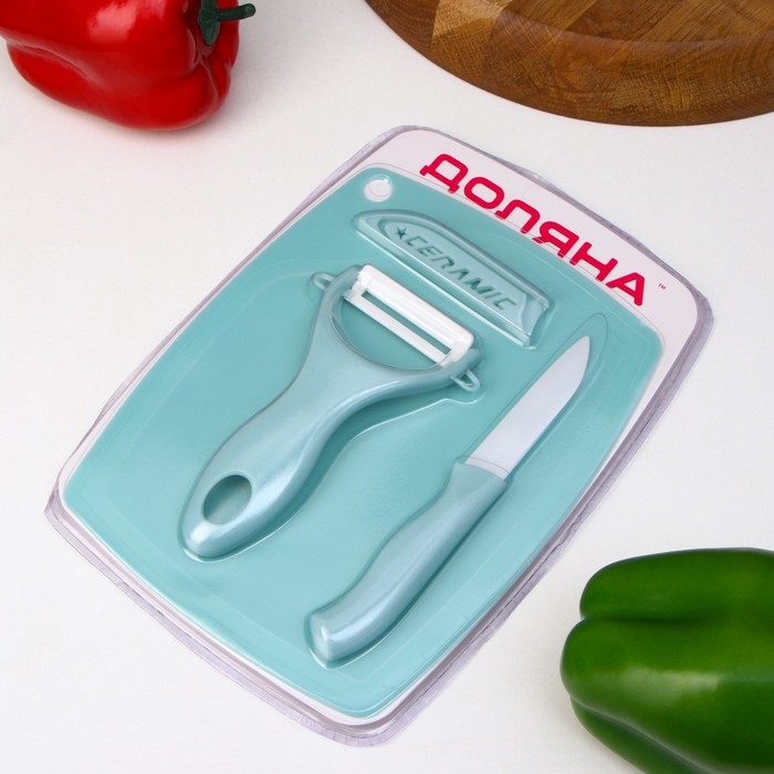 Набор кухонных принадлежностей Доляна «Керамик», 3 предмета: нож 16 см, овощечистка 12 см, доска 19,5×15,5 см, цвет голубой