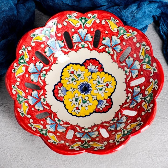 Фруктовница Риштанская Керамика  Фруктовница Риштанская Керамика "Цветы", 28 см, красная
