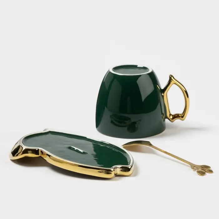 Чайная пара пара &laquo;Ливона&raquo;, 3 предмета: чашка 200 мл, блюдце, ложка, керамика, изумрудная