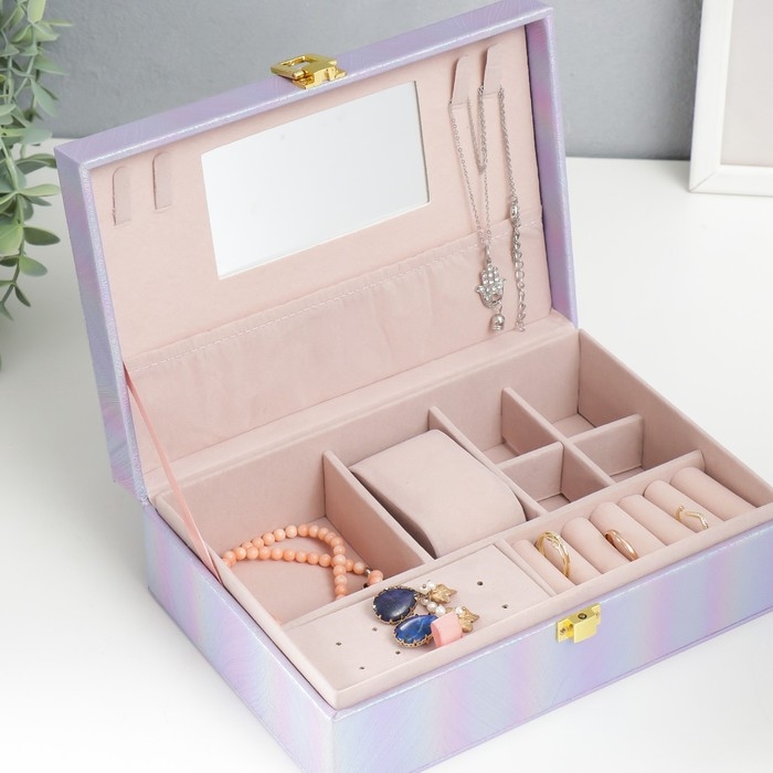 Шкатулка кожзам для украшений  Шкатулка кожзам для украшений "Полосы.Текстура" сирень перламутр 7,5х22х15 см