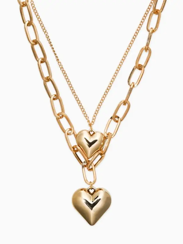 Кулон на цепочке крупное вытянутое звено 2 яруса "Сердечки", цвет золото