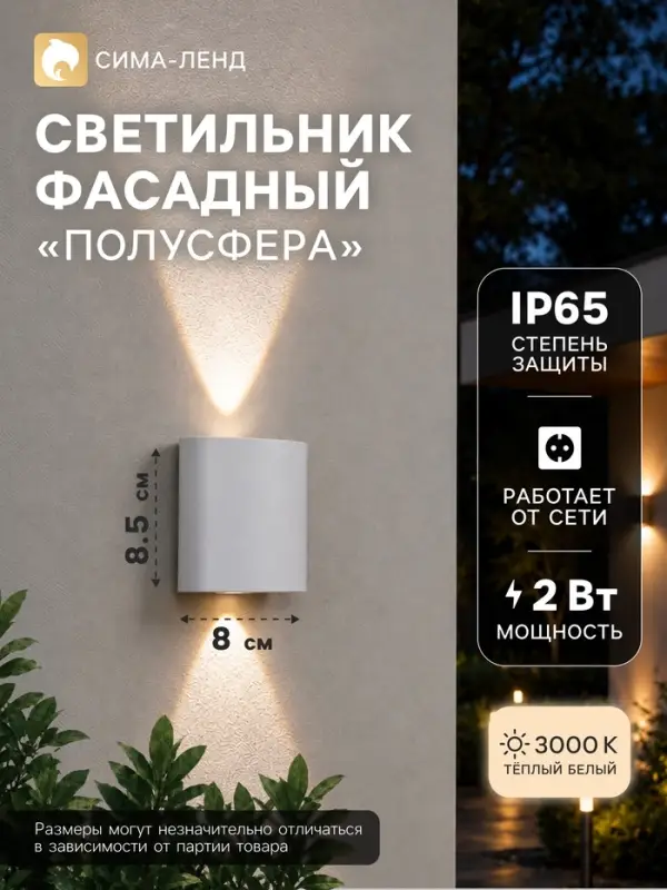 Светильник фасадный &laquo;Полусфера&raquo;, FSD-007, 2 Вт, 3000К, 1 луч, IP65, 220 В, металл, белый