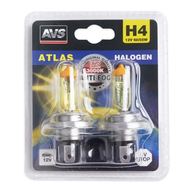 Галогенная лампа AVS /ATLAS ANTI-FOG/желтый H4.12V.60/55W.блистер 2шт.