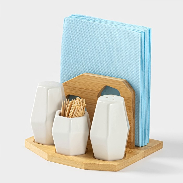 Набор для специй на деревянной подставке BellaTenero, 4 предмета: солонка 75 мл, перечница 75 мл, салфетница, ёмкость для зубочисток, цвет белый Набор для специй на деревянной подставке BellaTenero, 4 предмета: солонка 75 мл, перечница 75 мл, салфетница, ёмкость для зубочисток, цвет белый