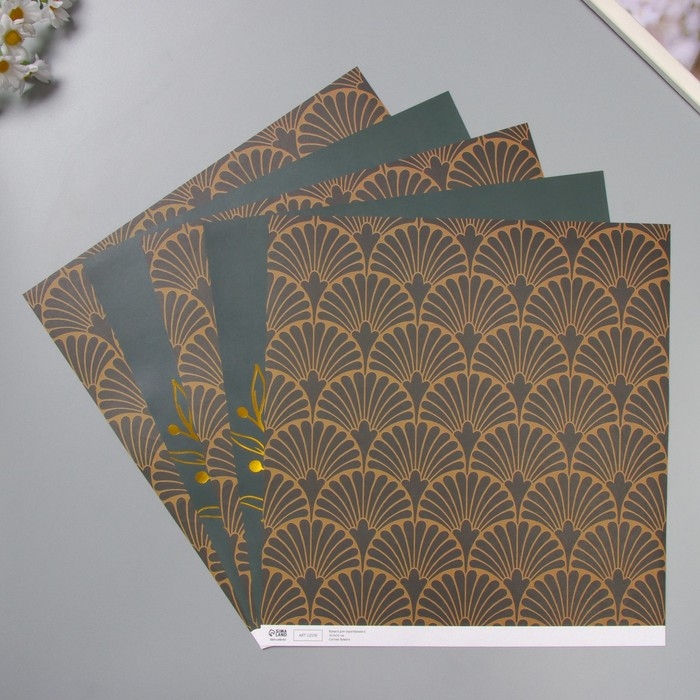 Бумага д/скрапа двусторонняя Бумага д/скрапа двусторонняя "Веера. Разнотравье золото", 180 гр, н-р 5 шт 30,5х32 см
