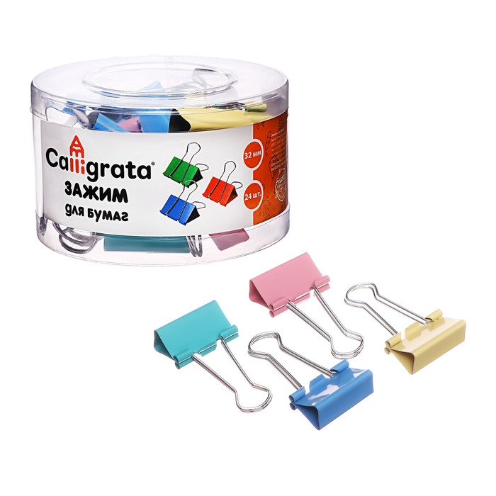 Набор зажимов для бумаг, 32 мм, цветные, 24 штуки, 4 цвета, МИКС Набор зажимов для бумаг, 32 мм, цветные, 24 штуки, 4 цвета, МИКС
