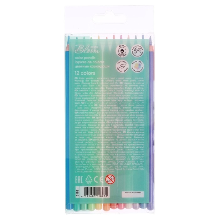 Карандаши 12 цветов ErichKrause "Pastel Bloom", дерево, круглые, грифель 4 мм, европодвес
