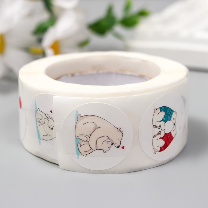 Наклейка бумага Наклейка бумага "Белые медведи" d=2,5 см 500 шт в рулоне 3х6,5х6,5 см