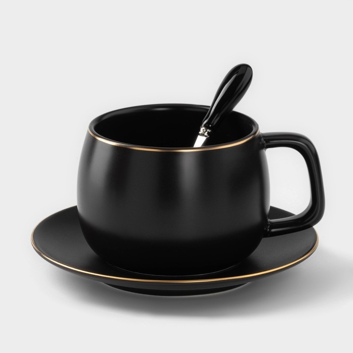 Чайная пара керамическая с ложкой «Мати», 2 предмета: чашка 280 мл, блюдце d=13,5 см, цвет чёрный Чайная пара керамическая с ложкой «Мати», 2 предмета: чашка 280 мл, блюдце d=13,5 см, цвет чёрный