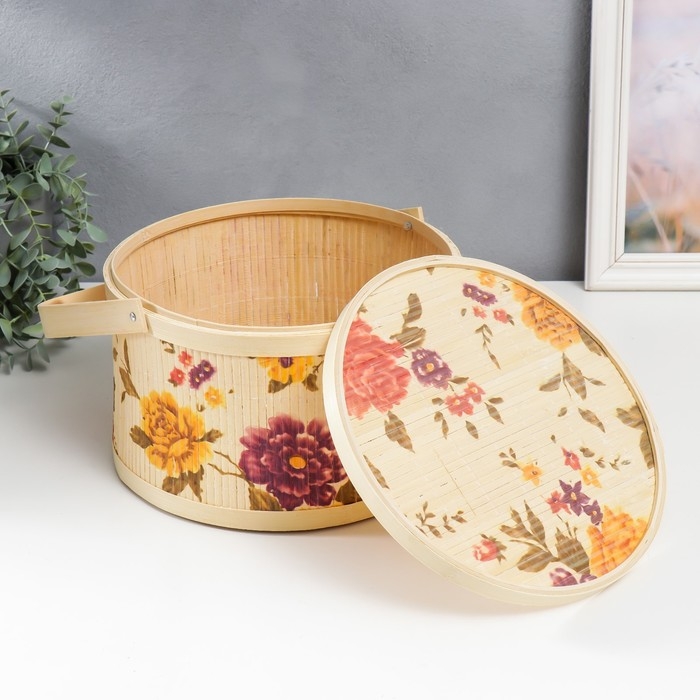 Шкатулка бамбук Шкатулка бамбук "Сад с пионами" круглая, с ручками 16х26х26 см