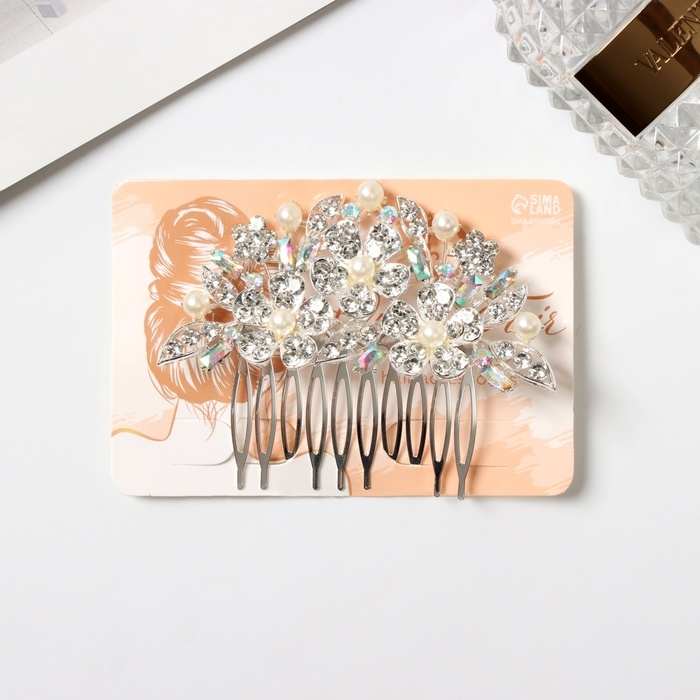 Гребень для волос  Гребень для волос "Сафьян" цветы, 7х8 см, серебро