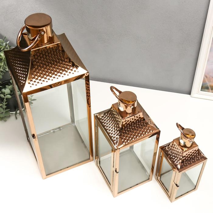 Подсвечник металл, стекло фонарь  Подсвечник металл, стекло фонарь "Точки" медь н-р 3 шт 55х18х18 37,5х14,5х14,5 26х10х10 см