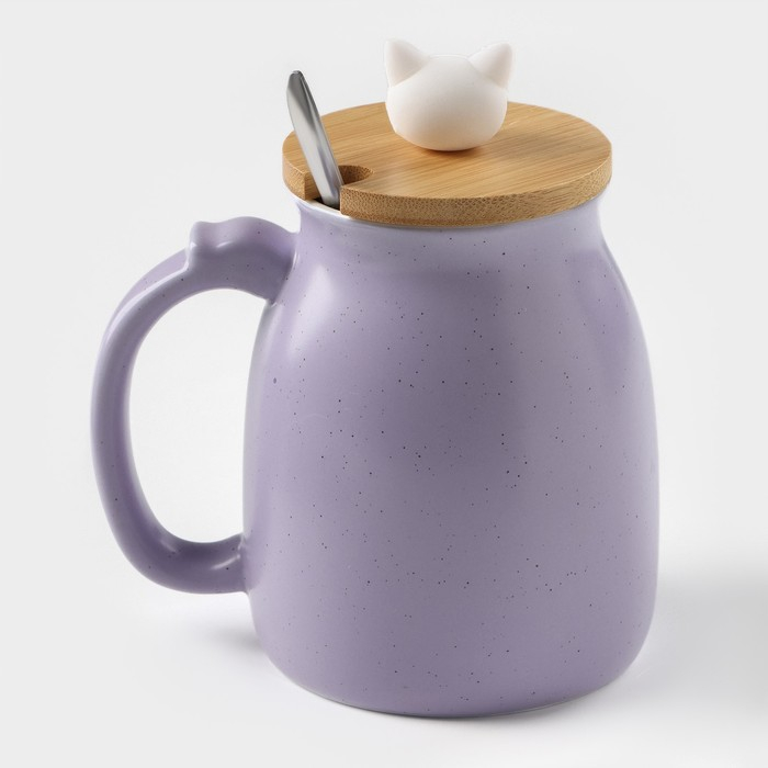 Кружка керамическая с деревянной крышкой и ложкой «Котик», 500 мл, цвет и рисунок МИКС Кружка керамическая с деревянной крышкой и ложкой «Котик», 500 мл, цвет и рисунок МИКС