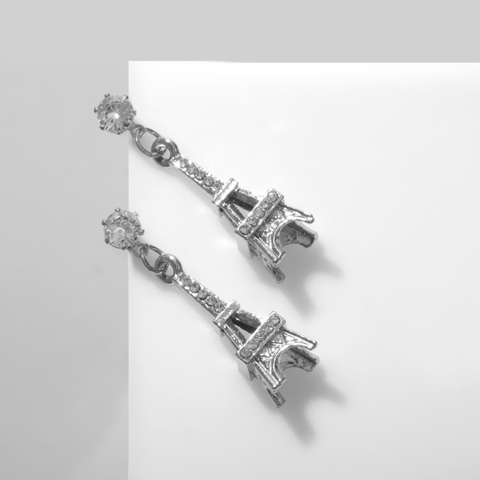 Серьги со стразами «Башня» Эйфелева, цвет белый в серебре