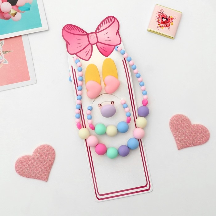 Комплект детский «Выбражулька» 5 предметов: 2 заколки, бусы, браслет, кольцо, сердце, цветной Комплект детский «Выбражулька» 5 предметов: 2 заколки, бусы, браслет, кольцо, сердце, цветной