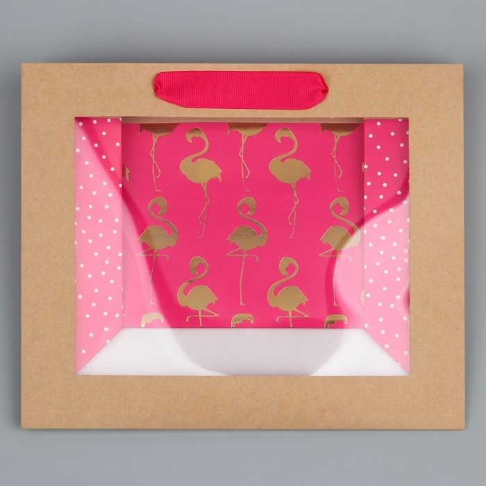 Пакет подарочный крафтовый с пластиковым окном, упаковка, «Фламинго», 24 х 20 х 11см Пакет подарочный крафтовый с пластиковым окном, упаковка, «Фламинго», 24 х 20 х 11см