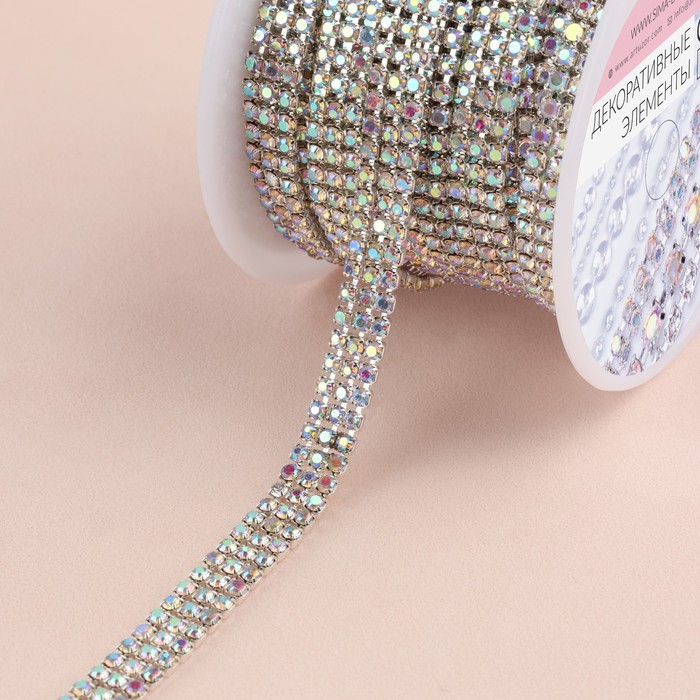 Цепь со стразами, с голографией, 3 ряда, металл, стекло, 6 мм, 4,5 ± 0,2 м, цвет серебряный Цепь со стразами, с голографией, 3 ряда, металл, стекло, 6 мм, 4,5 ± 0,2 м, цвет серебряный